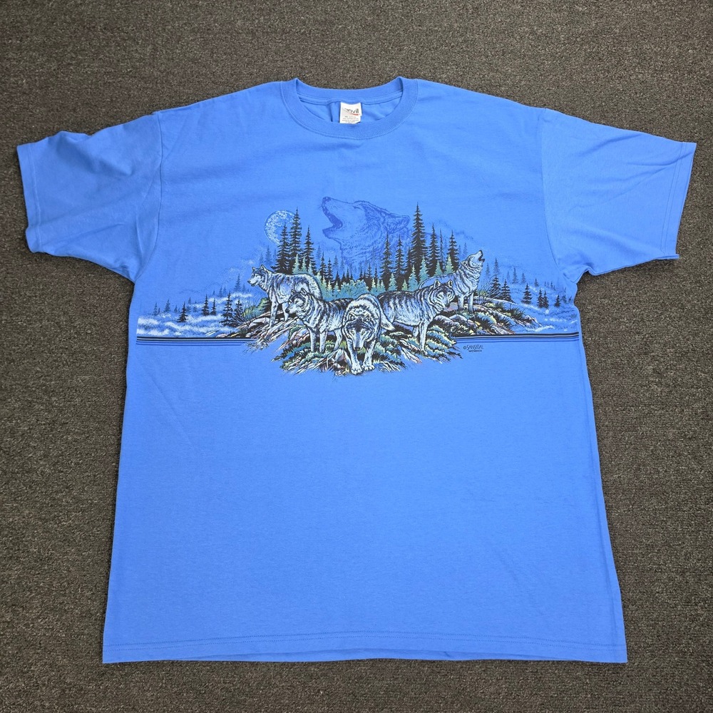 Vintage Wolf Nature Shirt Mens 2XL Anvil Sansegal Graphic Blue 90s Wildlife Tee